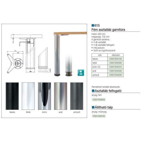 ASZTALLÁB 61570ST04 RN IP 705mm ÁTM: 60mm áll.+30mm ACÉL 10001504330