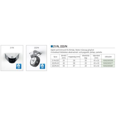 BELTÉRI BÚTORGÖRGŐ 222/N.40 FIX TALPAS FÉM KÖZEPŰ 40mm  15kg FEKETE 10002305071