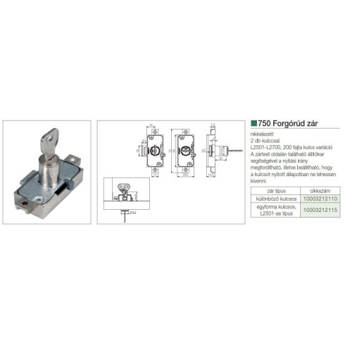 LEHMANN BÚTORZÁR 750 FORGÓRÚDZÁR 15MM-ES, EGYFORMA KULCSOS (L2501) NIKKEL 10003212115