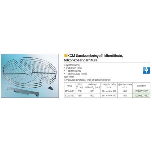 BELSŐ FÉMRÁCS KCM760 FÉLKÖR KOSÁR GARNITÚRA 760×127×390 mm KRÓM 10006207020