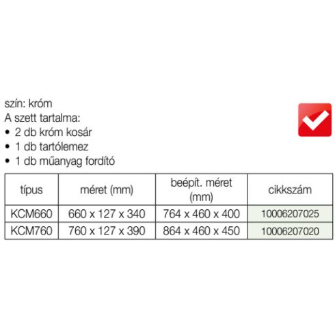BELSŐ FÉMRÁCS KCM760 FÉLKÖR KOSÁR GARNITÚRA 760×127×390 mm KRÓM 10006207020