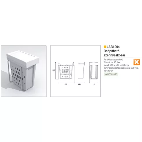FŰRDŐSZOBAI TÁROLÓ LAB1294 SZENNYESKOSÁR 40 L, 255x450x537 mm FEHÉR 10010002050
