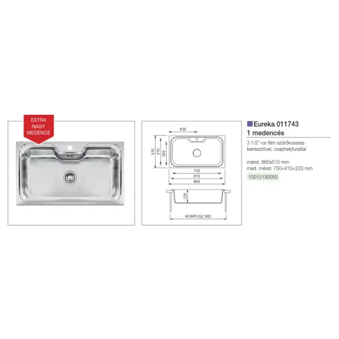 CM MOSOGATÓ EUREKA 1 MEDENCE 860x510mm ACÉL 10012130050
