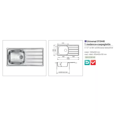 CM MOSOGATÓ UNIVERSAL 1 MEDENCE+CSEPEGTETŐ 1000x500mm ACÉL 10012130140