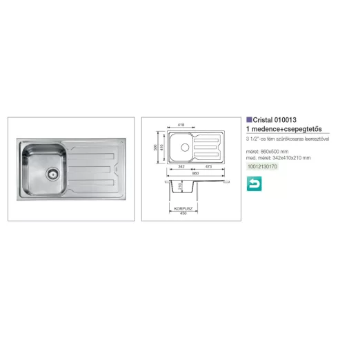 CM MOSOGATÓ CRISTAL 1 MEDENCE+CSEPEGTETŐ 860x500mm ACÉL 10012130170