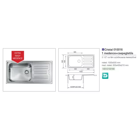CM MOSOGATÓ CRISTAL 1 MEDENCE+CSEPEGTETŐ 1000x500mm ACÉL 10012130180