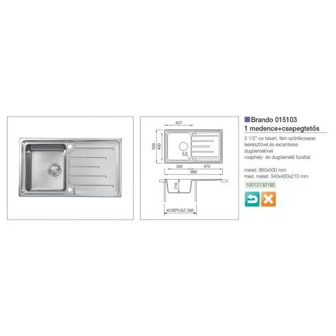 CM MOSOGATÓ BRANDO 1 MEDENCE+CSEPEGTETŐ 860x500mm ACÉL 10012130190