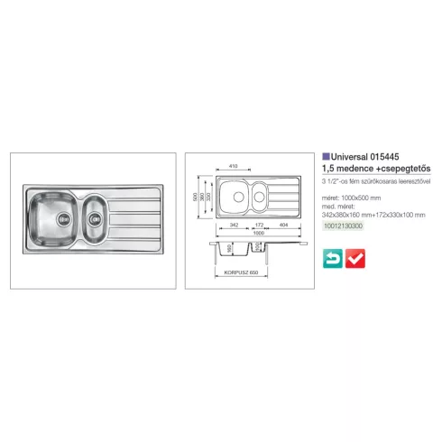 CM MOSOGATÓ UNIVERSAL 1,5 MEDENCE+CSEPEGTETŐ 1000x500mm ACÉL 10012130300