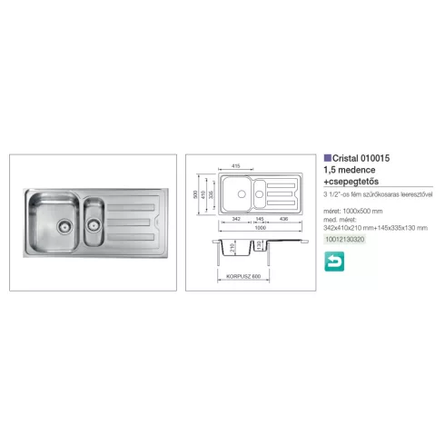 CM MOSOGATÓ CRISTAL 1,5 MEDENCE+CSEPEGTETŐ 1000x500mm ACÉL 10012130320