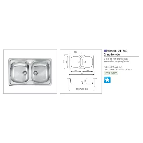 CM MOSOGATÓ MONDIAL 2 MEDENCE 790x500mm ACÉL 10012130500