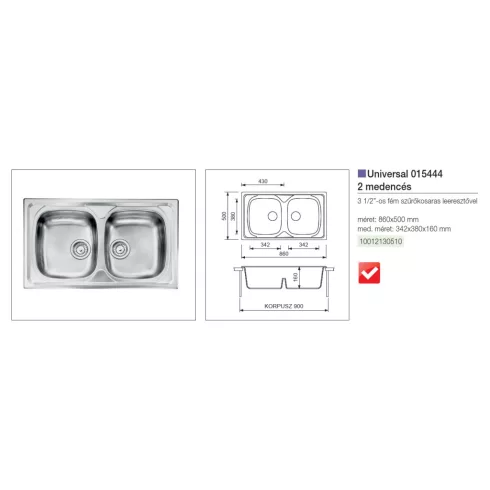 CM MOSOGATÓ UNIVERSAL 2 MEDENCE 860x500mm ACÉL 10012130510