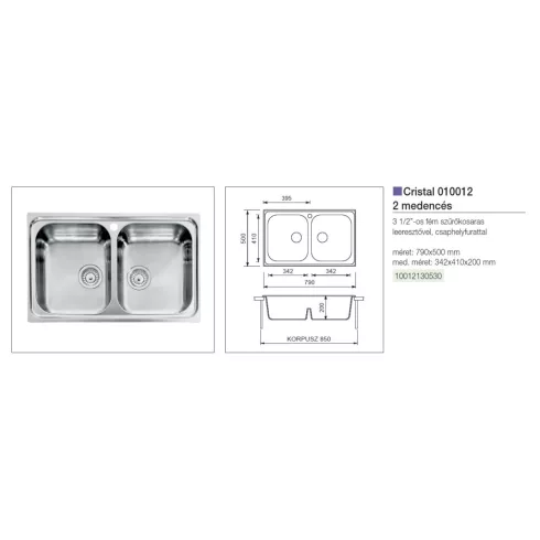 CM MOSOGATÓ CRISTAL 2 MEDENCE 790x500mm ACÉL 10012130530
