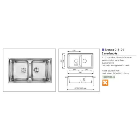 CM MOSOGATÓ BRANDO 2 MEDENCE 860x500mm ACÉL 10012130540