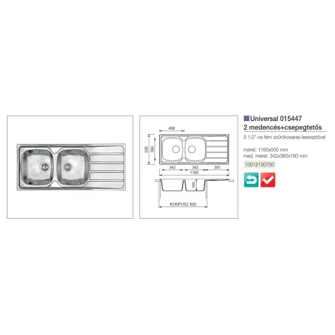 CM MOSOGATÓ UNIVERSAL 2 MEDENCE+CSEPEGTETŐ 1160x500mm ACÉL 10012130700
