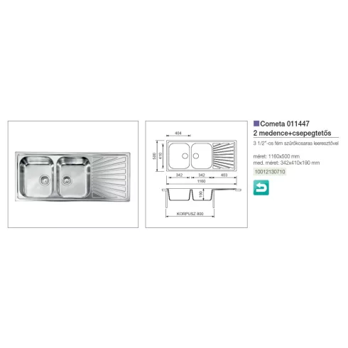 CM MOSOGATÓ COMETA 2 MEDENCE+CSEPEGTETŐ 1160x500mm ACÉL 10012130710