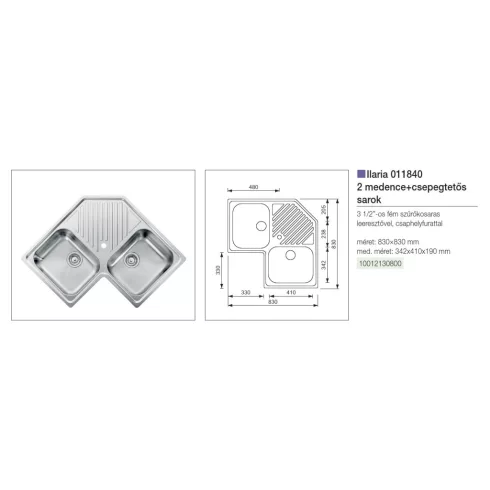 CM MOSOGATÓ ILARIA 2 MEDENCE SAROK 830x830mm ACÉL 10012130800
