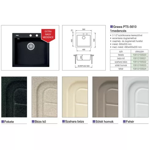 GRAWA GRÁNIT MOSOGATÓ GRAWA PT5-5610W 560x500mm FEHÉR 10012150024