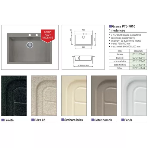 GRAWA GRÁNIT MOSOGATÓ GRAWA PT5-7610N 760x500mm FEKETE 10012150040