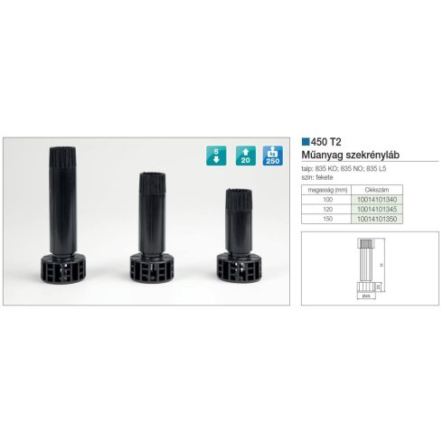 MŰANYAG SZEKRÉNYLÁB 450/150T2 LÁB TALP NÉLKÜLI 150 mm FEKETE 10014101350