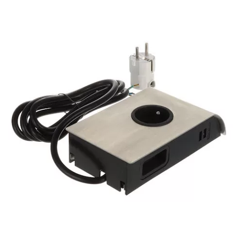 SFL Born, elektr. csatlakozó French (1×) + 2× aljzat USB A 2 A (2×), 2 m vezeték, rozsdam. acél