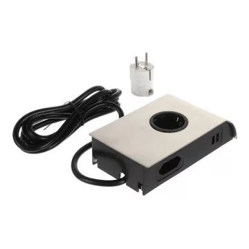   SFL Born, elektr. csatlakozó Schuko (1×) + 2× aljzat USB A 2 A (2×), 2 m vezeték, rozsdamentes acél