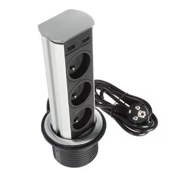   SFL Brick, elektromos csatlakozó French (3×) USB A 2 A (2×), 2 m vezeték, rozsdamentes acél