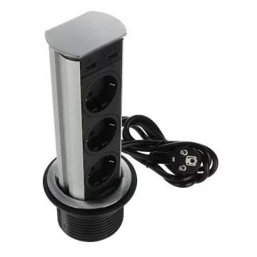   SFL Brick, elektromos csatlakozó Schuko (3×) USB A 2 A (2×), 2 m vezeték, rozsdamentes acél