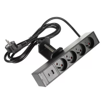   Riex ED12 elektromos csatlakozó French (4×), USB A + USB C gyors töltő, 2 m vezeték, fekete