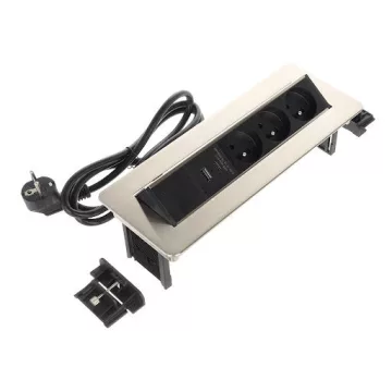   Riex ED15 elektromos csatlakozó French (3×), USB A + USB C gyorstöltő, 2 m vezeték, rozsdam. acél