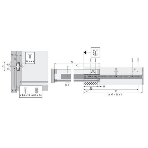KA 270 golyós sín, horonyba rögzítés, méretek (H x W) 27 x 10 mm, 350 - 550 mm