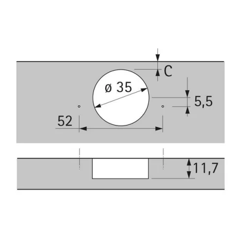 110° Intermat pánt (Intermat 9943), ráütődő, Nyitásszög 110°, TH-furatkép 52 x 5,5 mm, csavaros rögzítéshez (-)