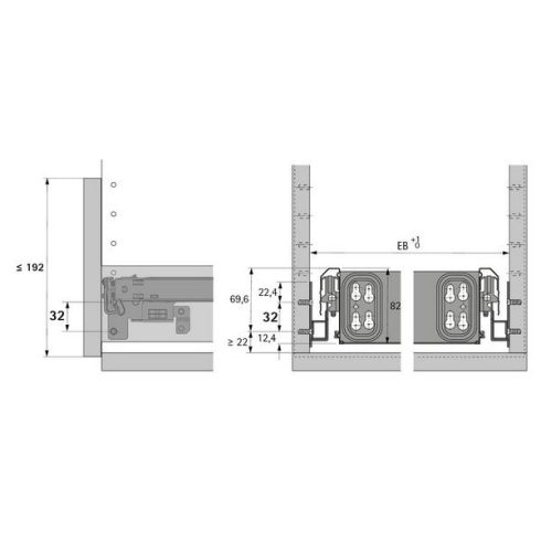 KA 270 golyóscsapágyas sín, Kompatibilis a Silent Systemmel, Kompatibilis Push to open-nel,  EB 292 mm / 392 mm, 730 mm, bal