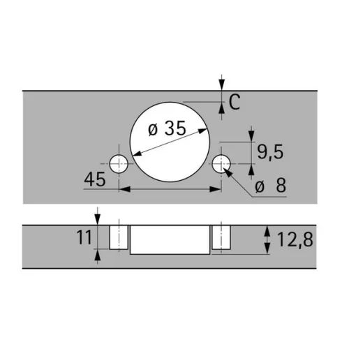 125° Intermat pánt (Intermat 9944), ráütődő, Nyitásszög 125°, TB-furatkép 45 x 9,5 mm, bepréseléshez (ø 8  x 11)