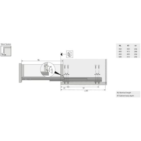 Quadro V6 BM Silent Systemmel, EB 20 (fiók oldalprofil vastagság ≤ 16mm), 500 mm, bal és jobb
