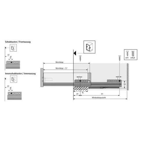 Quadro 25 Silent System, 350 mm, EB 12,5 (szekrénytest oldallap vastagság 16 mm), terhelhetőség 25 kg, bal