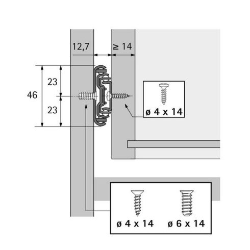 KA 5632 golyóscsapágyas sín Silent System rendszerrel, oldalra szerelhető, méretek (M x Sz) 46 x 12,7 mm, Horganyzott acél, műanyag