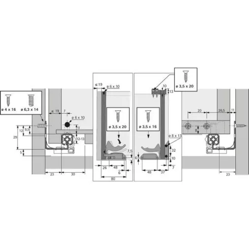 Quadro 25 Silent System csillapítással, rácsúsztatható szerelés, EB 23 (fiók oldalprofil vastagság ≤ 19mm), 250 mm, bal