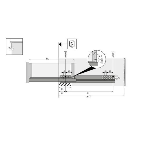 Quadro 25 Silent System csillapítással, rácsúsztatható szerelés, EB 23 (fiók oldalprofil vastagság ≤ 19mm), 250 mm, jobb