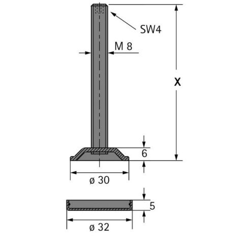 Szintező csavar M8 menettel, X = 50 mm