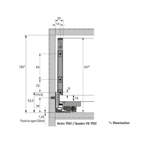 AvanTech YOU Inlay fiók oldalprofil készlet, magasság 187 mm x NL 650 mm,  ezüst, bal és jobb